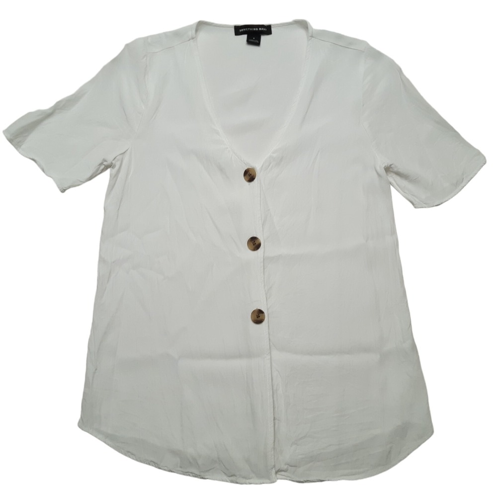 Something Navy V-Neck Blouse Womens S White Short Sleeve Button‎ Minimalist Top